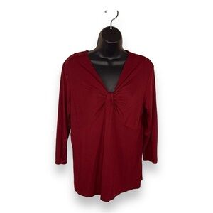 LARGE GEORGE BURGUNDY RED RETRO TWIST KNOT ACCENT TOP 3/4 SLEEVE STRETCH